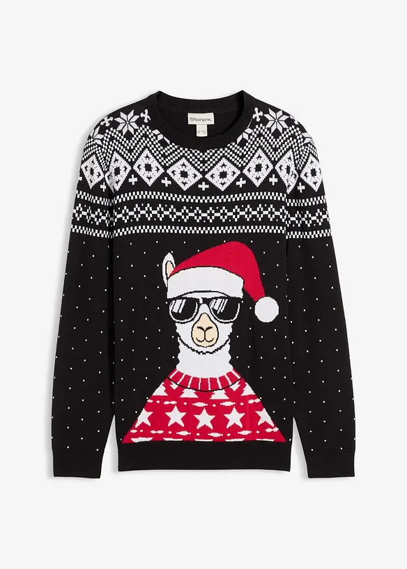 Weihnachtspullover aus weichem Baumwollmix in schwarz von vorne - bonprix