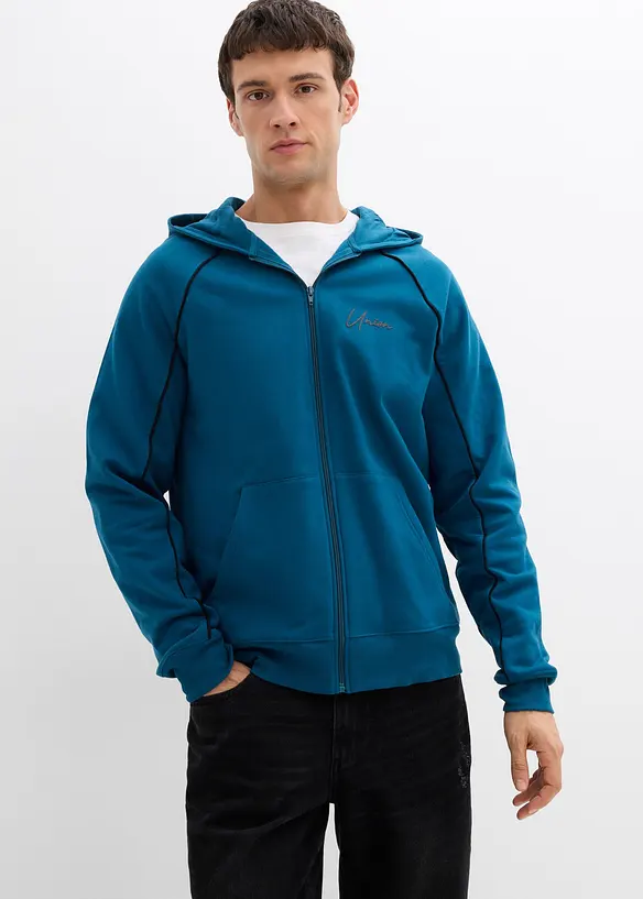 Sweatjacke mit Kontrastdetails aus reiner Baumwolle in petrol von vorne (im Anschnitt) - bonprix