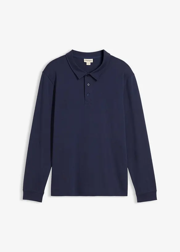 Langarm-Poloshirt aus schwerer Bio-Baumwolle in blau von vorne - bonprix
