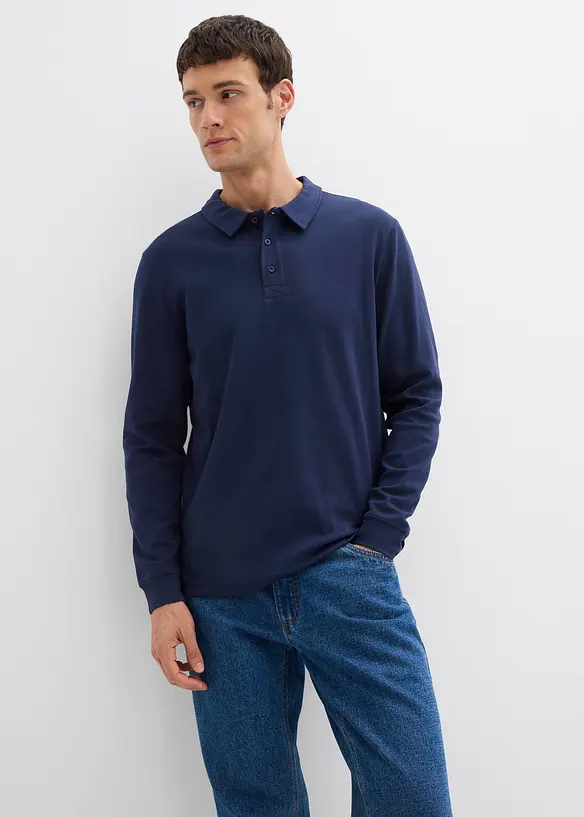 Langarm-Poloshirt aus schwerer Bio-Baumwolle in blau von vorne (im Anschnitt) - bonprix