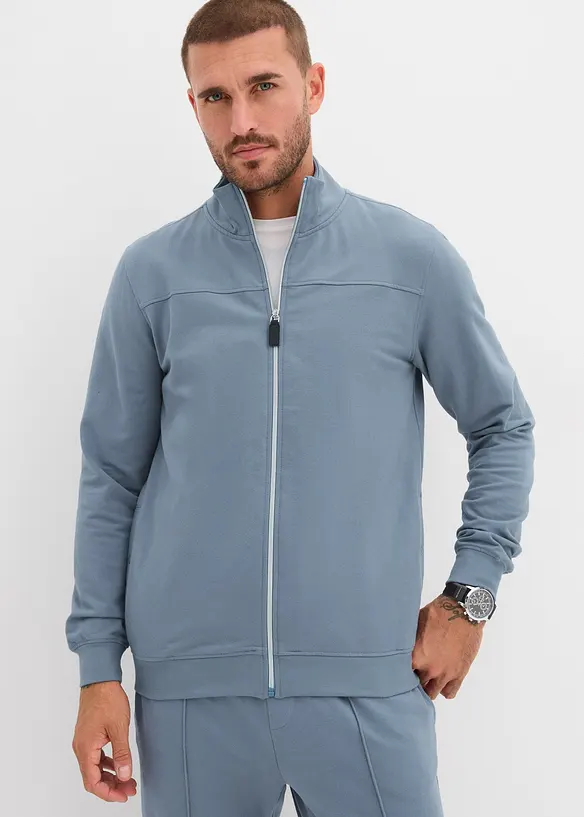 Sweatjacke aus weichem Baumwollmix in blau von vorne (im Anschnitt) - bonprix