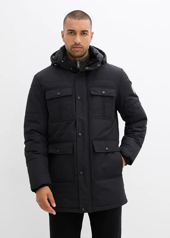 Funktions-Stepp-Parka mit praktischen Taschen, wasserabweisend in schwarz von vorne (Totalaufnahme) - bonprix