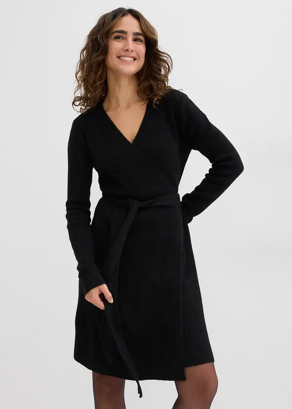 Wickelkleid aus Strick für die Schwangerschaft und danach in schwarz von vorne (Totalaufnahme) - bonprix
