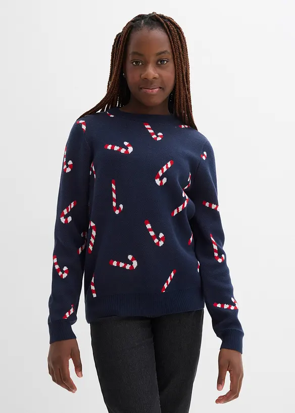 Feinstrickpullover mit Weihnachtsmotiv aus weichem Baumwollmix in blau von vorne (im Anschnitt) - bonprix