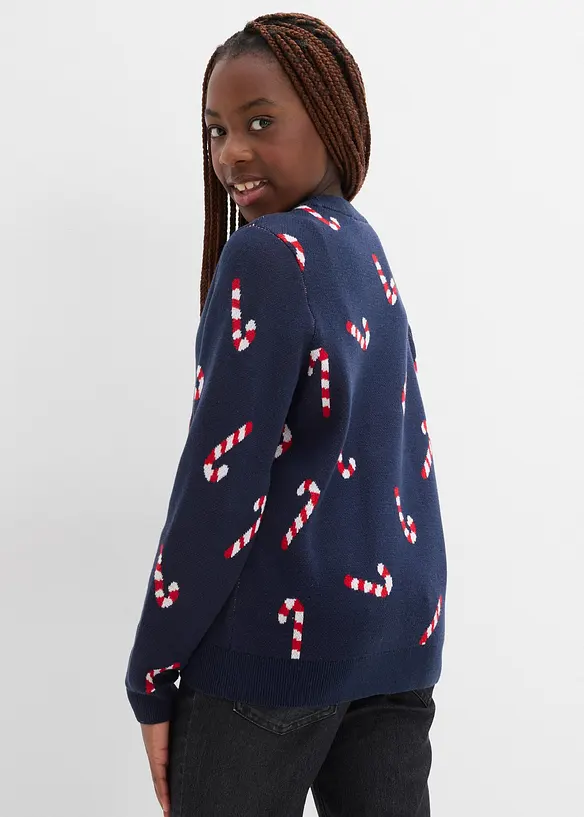 Feinstrickpullover mit Weihnachtsmotiv aus weichem Baumwollmix in blau von hinten (im Anschnitt) - bonprix