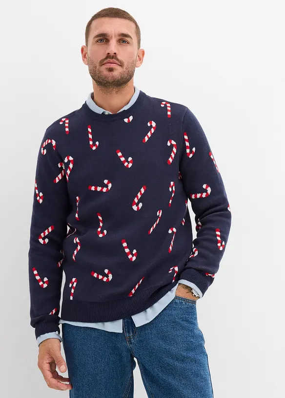 Feinstrickpullover mit Weihnachtsmotiv in blau von vorne (im Anschnitt) - bonprix