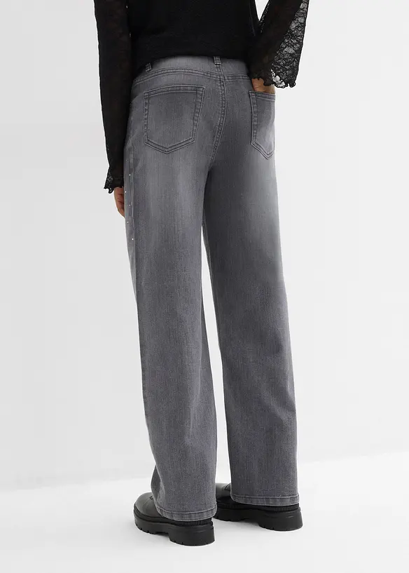 Wide-Leg-Jeans mit Strasssteinen Mid Waist in grau von hinten - bonprix
