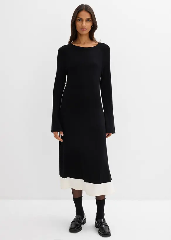 Strickkleid aus Viskose-Mix mit Kontrastdetails in schwarz von vorne (Totalaufnahme) - bonprix