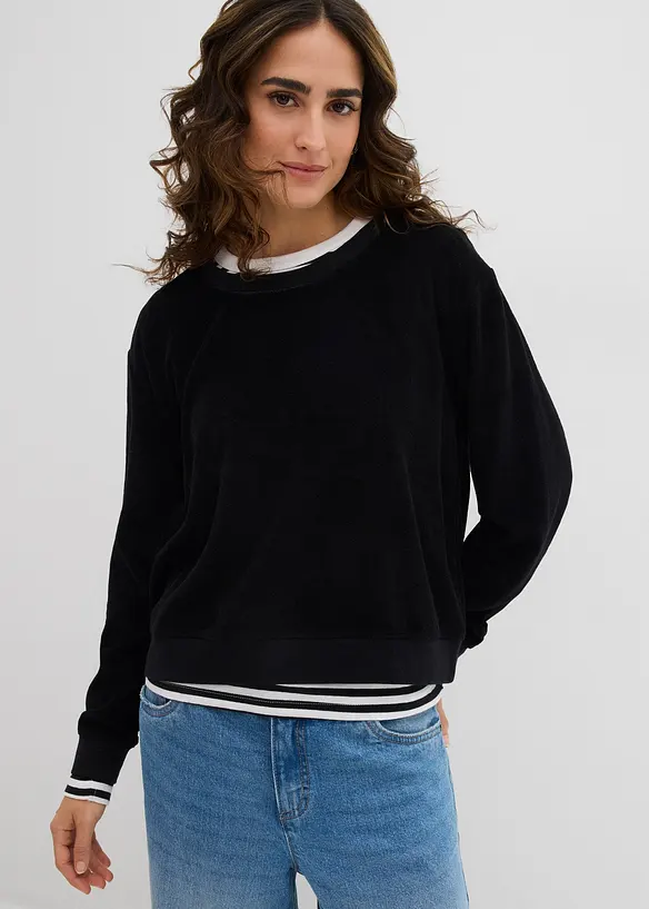 Sweatshirt aus weichem Frottee in schwarz von vorne (im Anschnitt) - bonprix