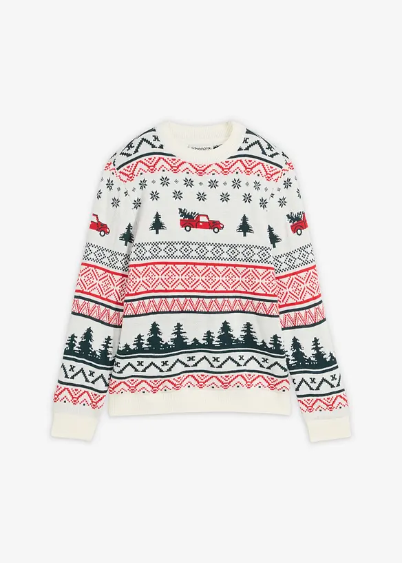 Feinstrickpullover mit Weihnachtsmotiv in weiß von vorne - bonprix