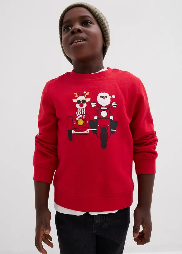 Sweatshirt mit Weihnachtsmotiv aus reiner Bio-Baumwolle in rot von vorne (im Anschnitt) - bonprix