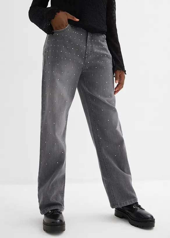Wide-Leg-Jeans mit Strasssteinen Mid Waist in grau von vorne - bonprix