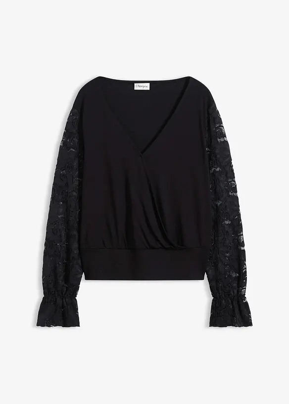 Langarmshirt mit Spitze in schwarz von vorne - bonprix