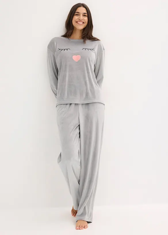 Loungewear Samt Hausanzug in grau im Look von vorne (Totalaufnahme) - bonprix
