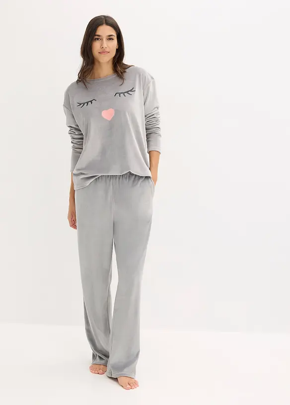 Loungewear Samt Hausanzug in grau von vorne (Totalaufnahme) - bonprix