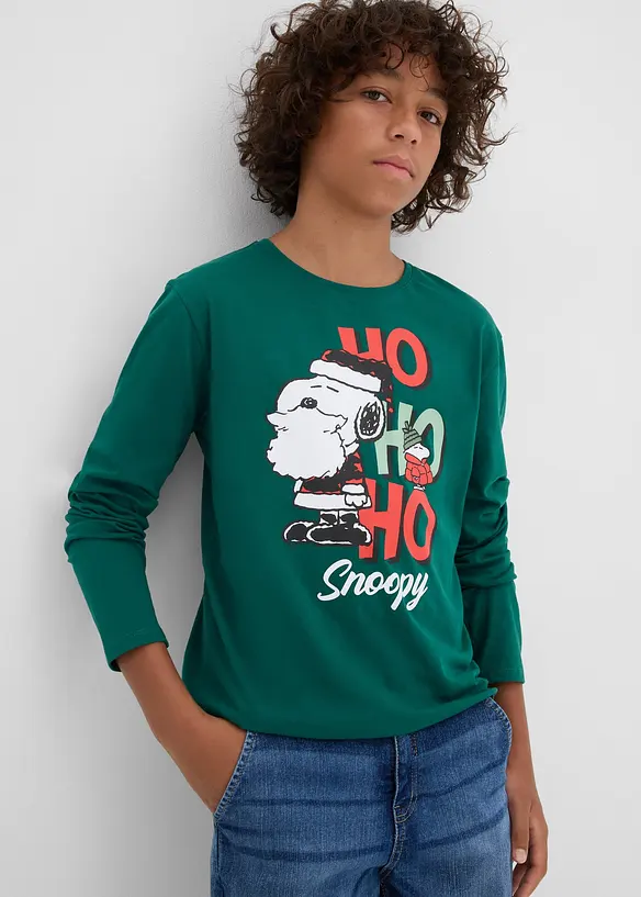 Langarmshirt Snoopy mit Weihnachtsmotiv aus reiner Baumwolle in grün von vorne (im Anschnitt) - Peanuts