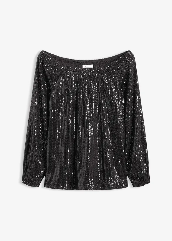Carmenshirt, Oversized mit Pailletten in schwarz von vorne - bonprix Carmenshirt, Oversized mit Pailletten in schwarz von vorne - bonprix