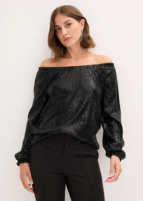 Carmenshirt, Oversized mit Pailletten in schwarz von vorne (im Anschnitt) - bonprix Carmenshirt, Oversized mit Pailletten in schwarz von vorne (im Anschnitt) - bonprix