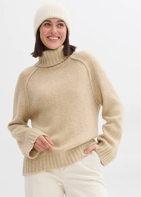 Oversize Grobstrickpullover in beige von vorne (im Anschnitt) - bonprix