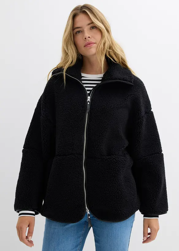 Oversize Teddy-Fleece Jacke in schwarz von vorne (im Anschnitt) - bonprix