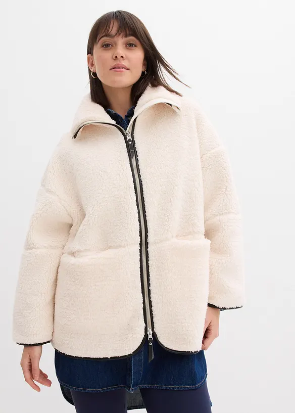 Oversize Teddy-Fleece Jacke in weiß von vorne (im Anschnitt) - bonprix