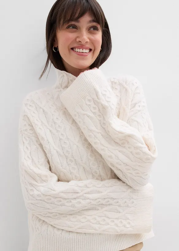 Zopfstrick Pullover in weiß von vorne (im Anschnitt) - bonprix
