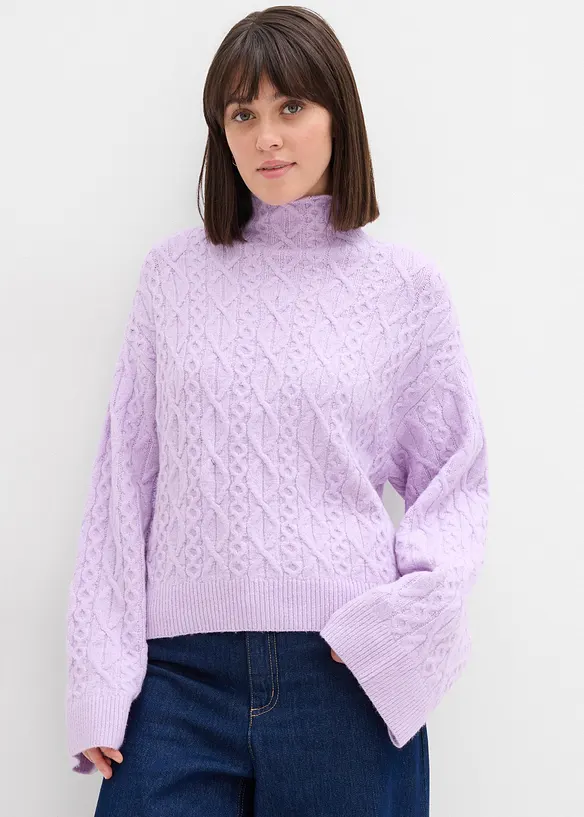 Zopfstrick Pullover in lila von vorne (im Anschnitt) - bonprix