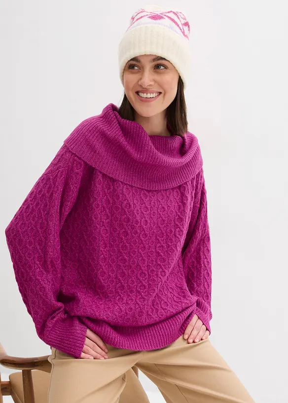 Pullover mit Zopfmuster in lila von vorne (im Anschnitt) - bonprix