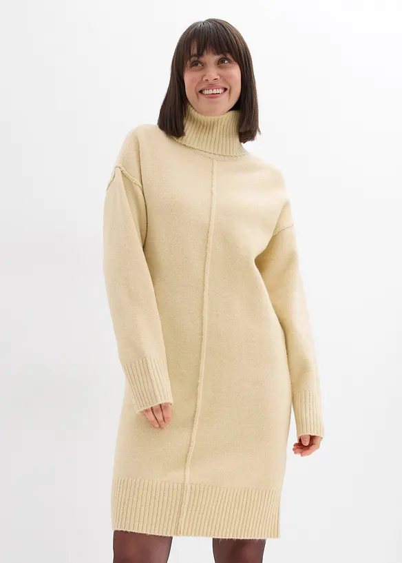 Strickkleid mit Ziernaht in beige von vorne (Totalaufnahme) - bonprix