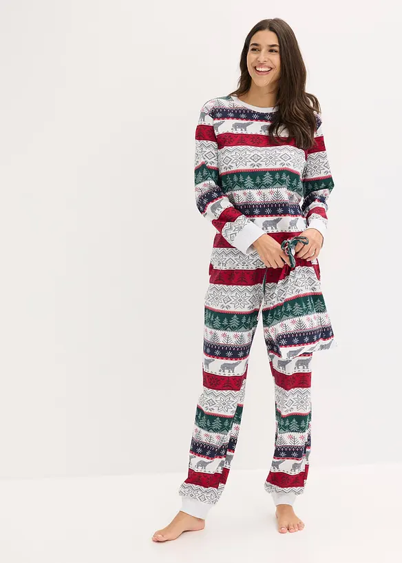 Damen Pyjama aus weicher Baumwolle mit Geschenktasche in weiß von vorne (Totalaufnahme) - bonprix