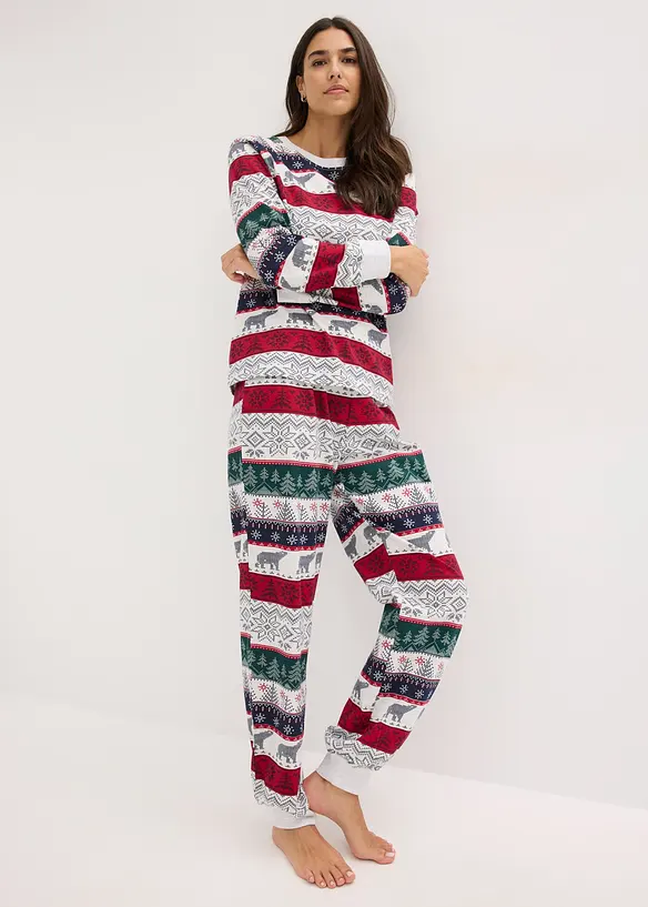 Damen Pyjama aus weicher Baumwolle mit Geschenktasche in weiß im Look von vorne (Totalaufnahme) - bonprix