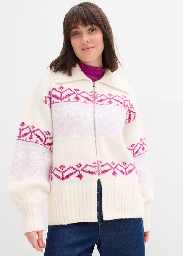 Kurze Norweger-Strickjacke aus dickem Material in weiß von vorne (im Anschnitt) - bonprix