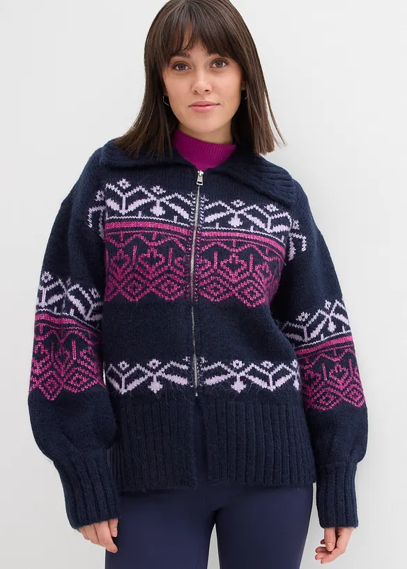 Kurze Norweger-Strickjacke aus dickem Material in blau von vorne (im Anschnitt) - bonprix