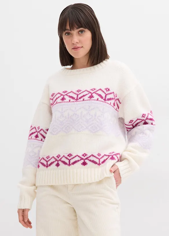 Norweger-Pullover aus dickem Material in weiß von vorne (im Anschnitt) - bonprix