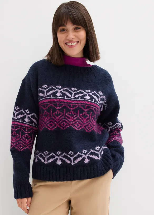 Norweger-Pullover aus dickem Material in blau von vorne (im Anschnitt) - bonprix
