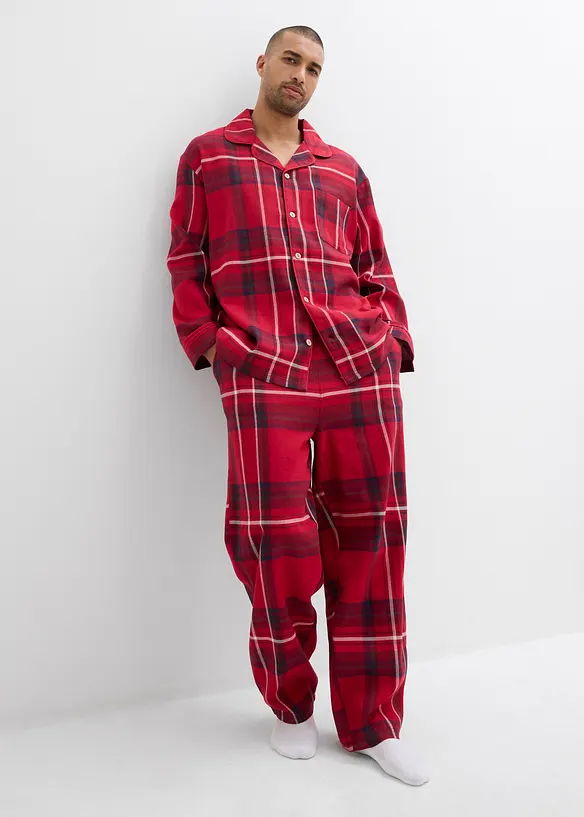 Herren Flanell Pyjama aus weicher Baumwolle mit Geschenkbeutel in rot im Look von vorne (Totalaufnahme) - bonprix