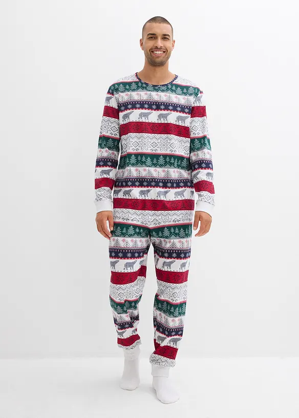 Herren Pyjama aus reiner Baumwolle mit Geschenktasche in weiß von vorne (Totalaufnahme) - bonprix