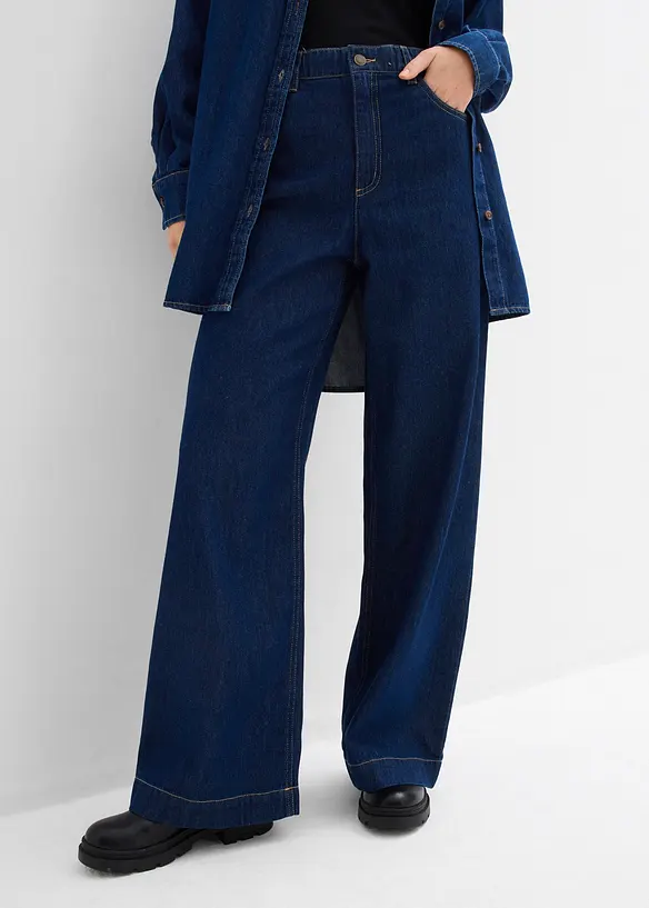 Wide-Leg-Jeans High Waist, Baumwolle in blau von vorne - bonprix