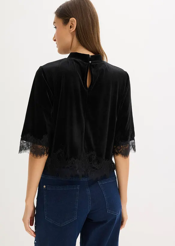 Samtshirt mit Spitze in schwarz von hinten (im Anschnitt) - bonprix