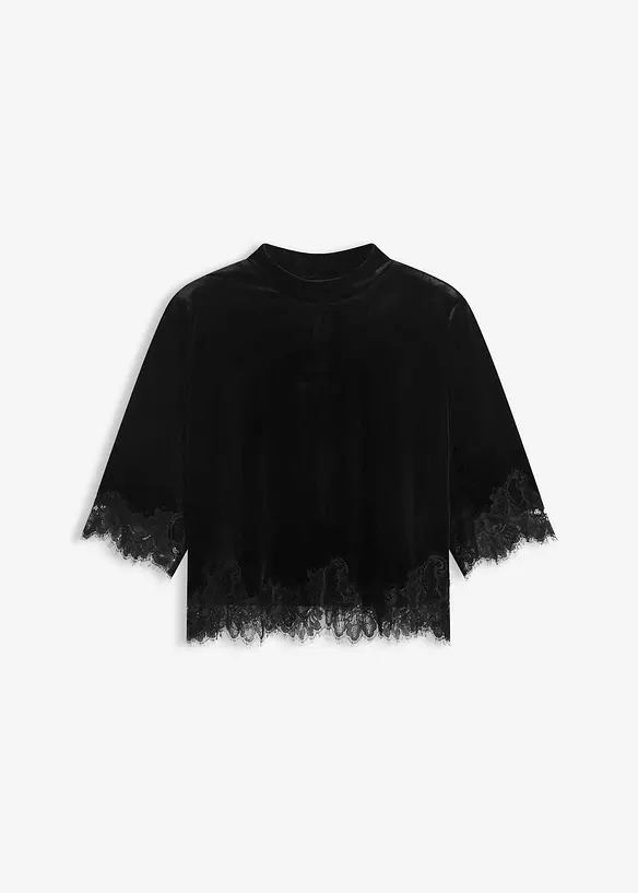 Samtshirt mit Spitze in schwarz von vorne - bonprix