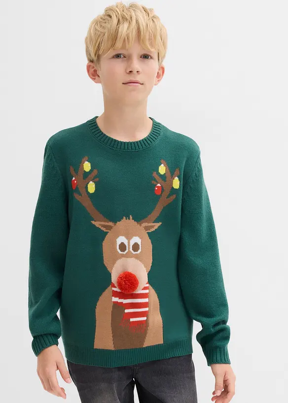 Feinstrickpullover mit Weihnachtsmotiv in grün von vorne (im Anschnitt) - bonprix