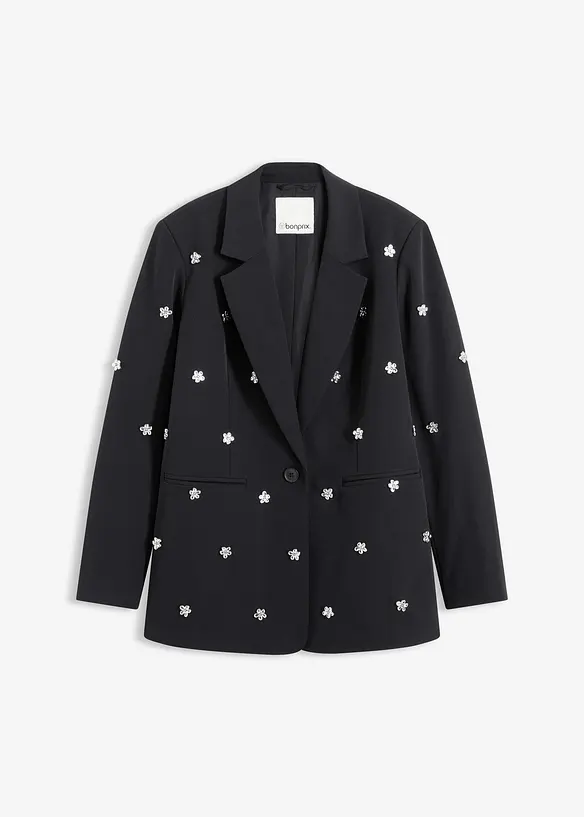 Oversize-Blazer mit Schmuckdetails in schwarz von vorne - bonprix