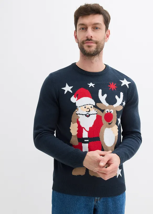 Feinstrickpullover mit Weihnachtsmotiv in blau von vorne (im Anschnitt) - bonprix
