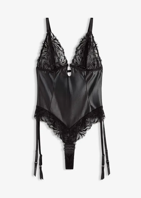 Body mit Wetlook und abnehmbaren Strapshalter in schwarz von vorne - bonprix