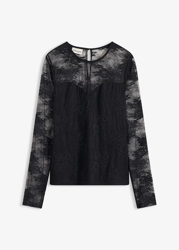 Langarmshirt aus feiner Spitze in schwarz von vorne - bonprix