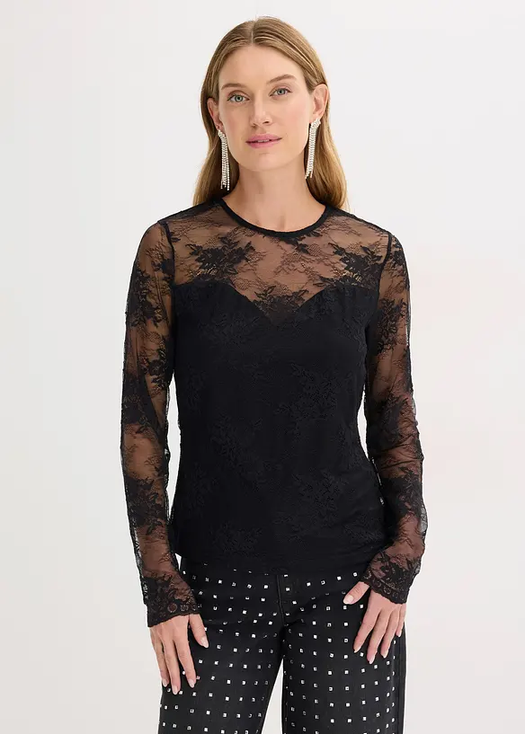 Langarmshirt aus feiner Spitze in schwarz von vorne (im Anschnitt) - bonprix
