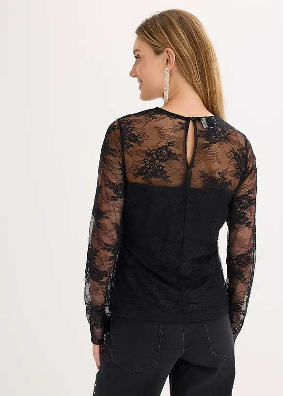 Langarmshirt aus feiner Spitze in schwarz von hinten (im Anschnitt) - bonprix