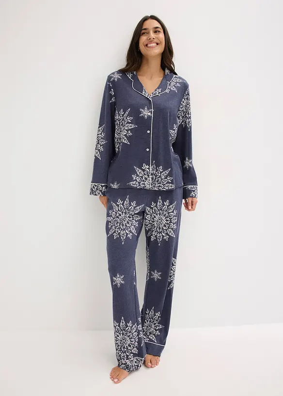 Pyjama mit Knopfleiste in blau im Look von vorne (Totalaufnahme) - bonprix