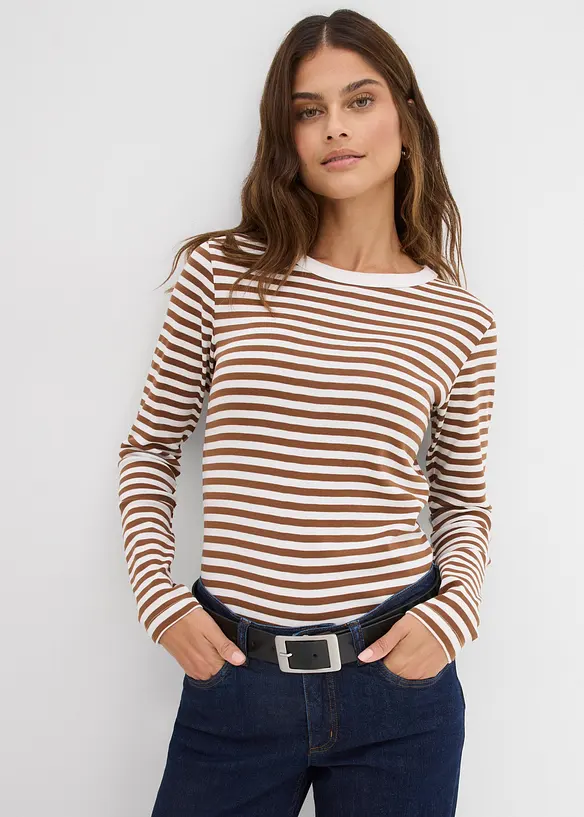 Langarmshirt aus reiner Bio-Baumwolle in braun von vorne (im Anschnitt) - bonprix