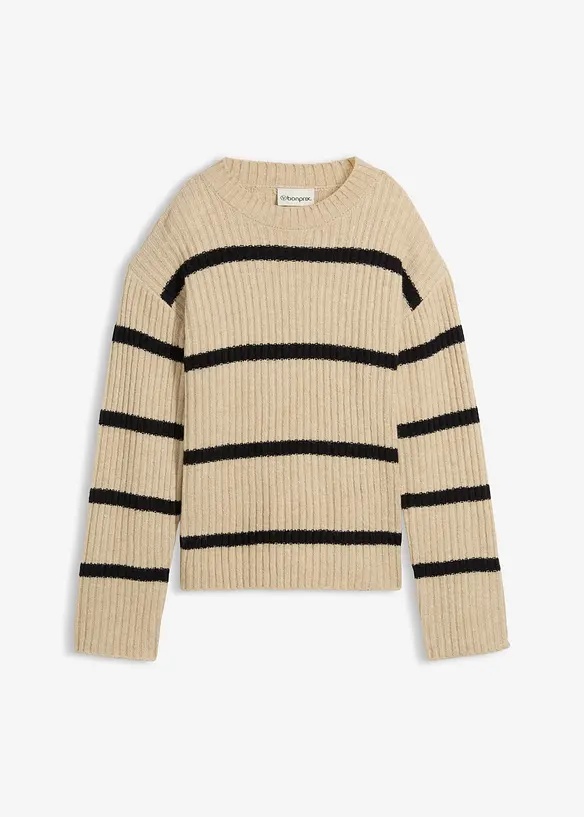 Oversize-Pullover mit Wollanteil in beige von vorne - bonprix